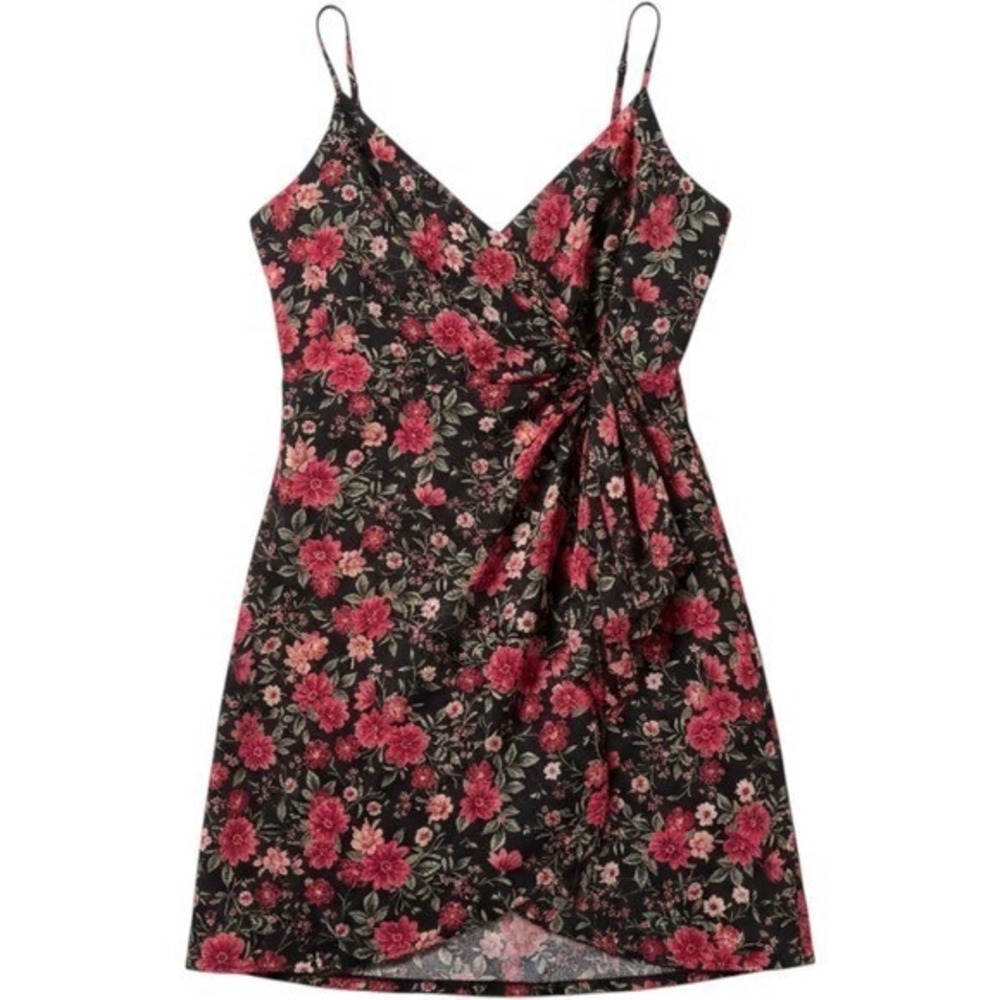 Row A Floral Mini Dress M Black Pink Metallic Stripe Faux Wrap Cottagecore